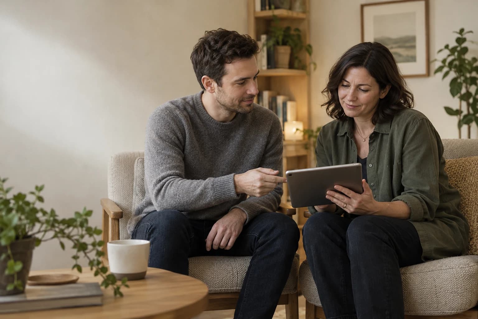 Illustrative scene of two fictional adults looking at a tablet together in a calm consulting room.