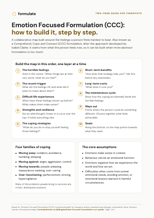 Preview of the first page of the Emotion Focused Formulation guide: numbered steps for building the map.