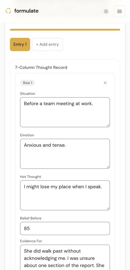 Thought record with fictional entries about a team meeting: feeling anxious and tense, and thinking “I might lose my place when I speak.”